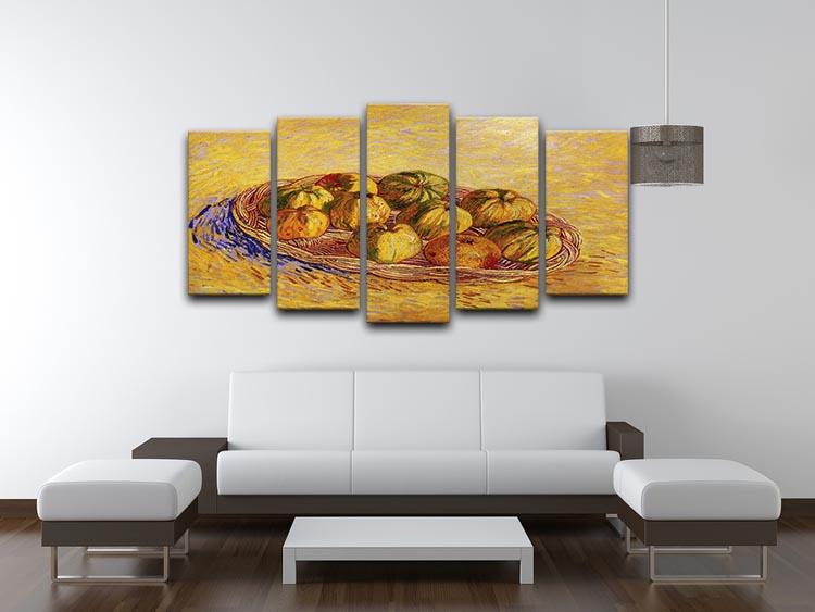 A 5-split canvas artwork featuring Van Gogh's Still Life with Basket of Apples, showcasing vibrant colors and intricate details across five panels.