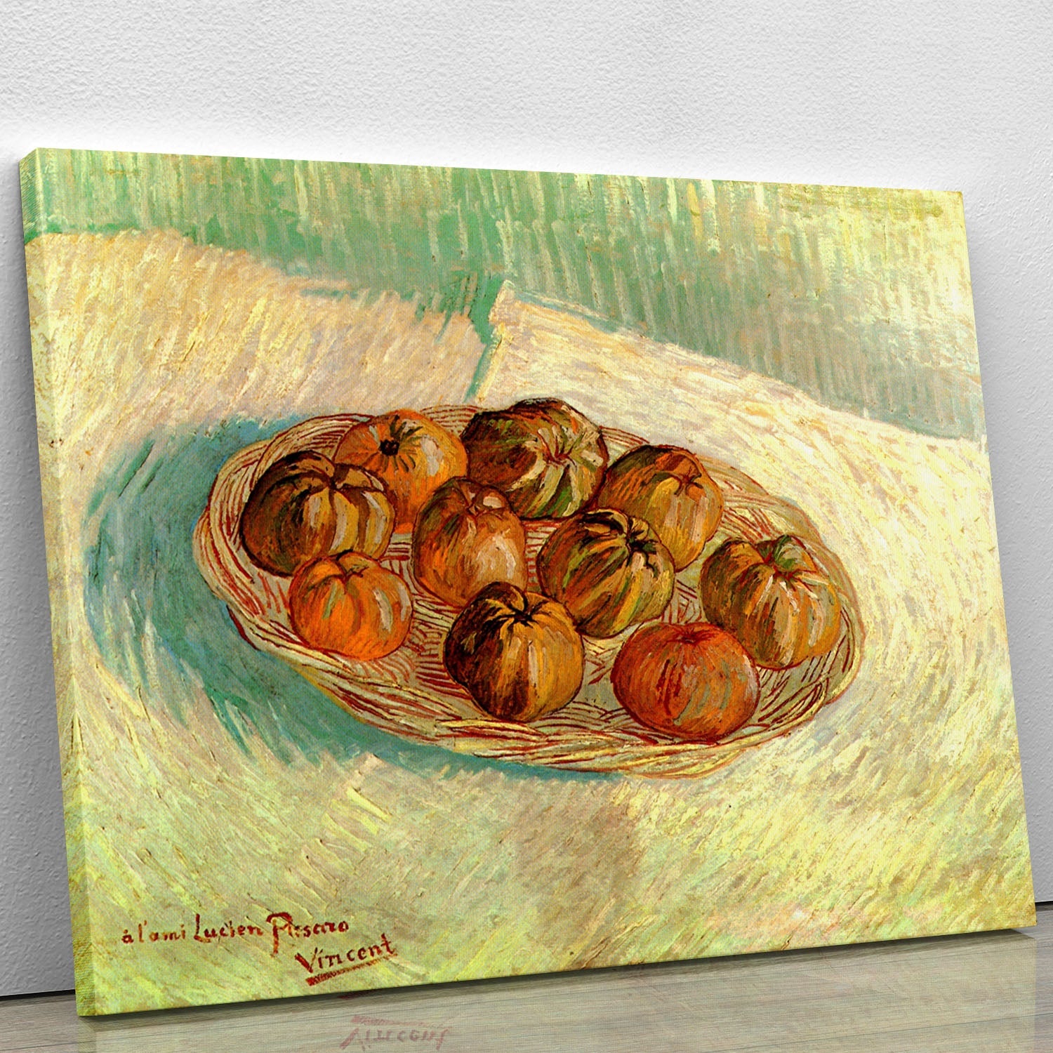 Canvas print of Van Gogh's Still Life with Basket of Apples, featuring vibrant apples in a woven basket against a textured background.