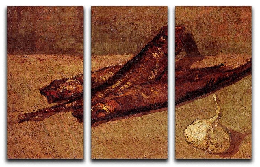 Three-panel canvas art featuring Van Gogh's Still Life with Bloaters and Garlic, showcasing vibrant colors and intricate details.