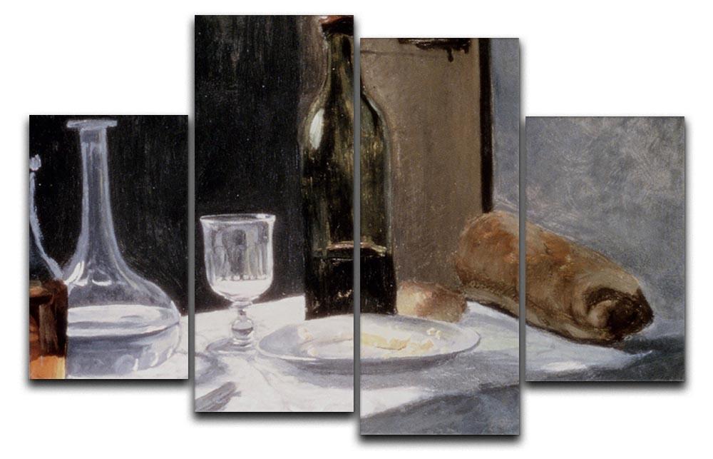 A 4-split canvas artwork featuring Monet's Still Life With Bottles, showcasing vibrant colors and intricate details across four panels.