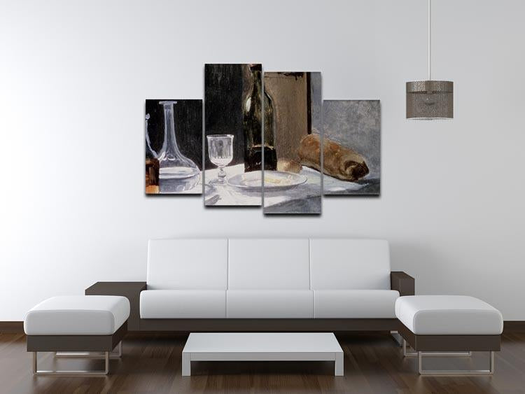 A 4-split canvas artwork featuring Monet's Still Life With Bottles, showcasing vibrant colors and intricate details across four panels.