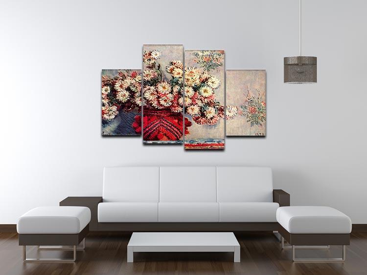 A 4-split canvas artwork featuring Monet's Still Life with Chrysanthemums, showcasing vibrant flowers in a beautiful arrangement.