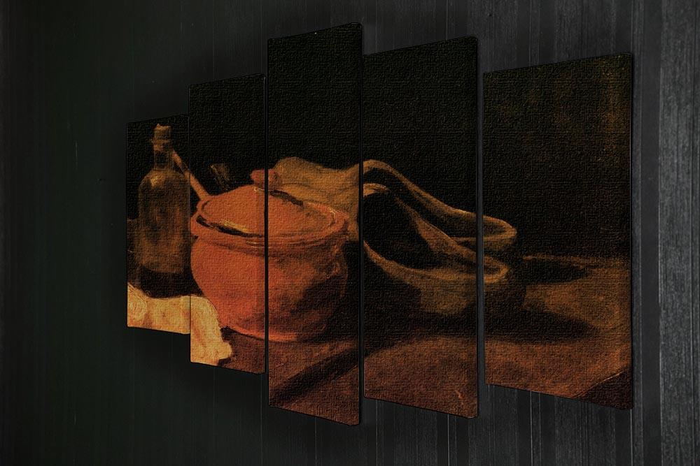 5 split panel artwork of Van Gogh's Still Life featuring an earthenware bottle and wooden clogs, showcasing vibrant colors and intricate details.