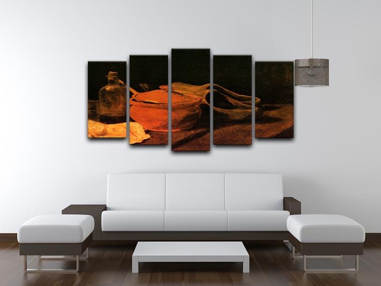 5 split panel artwork of Van Gogh's Still Life featuring an earthenware bottle and wooden clogs, showcasing vibrant colors and intricate details.