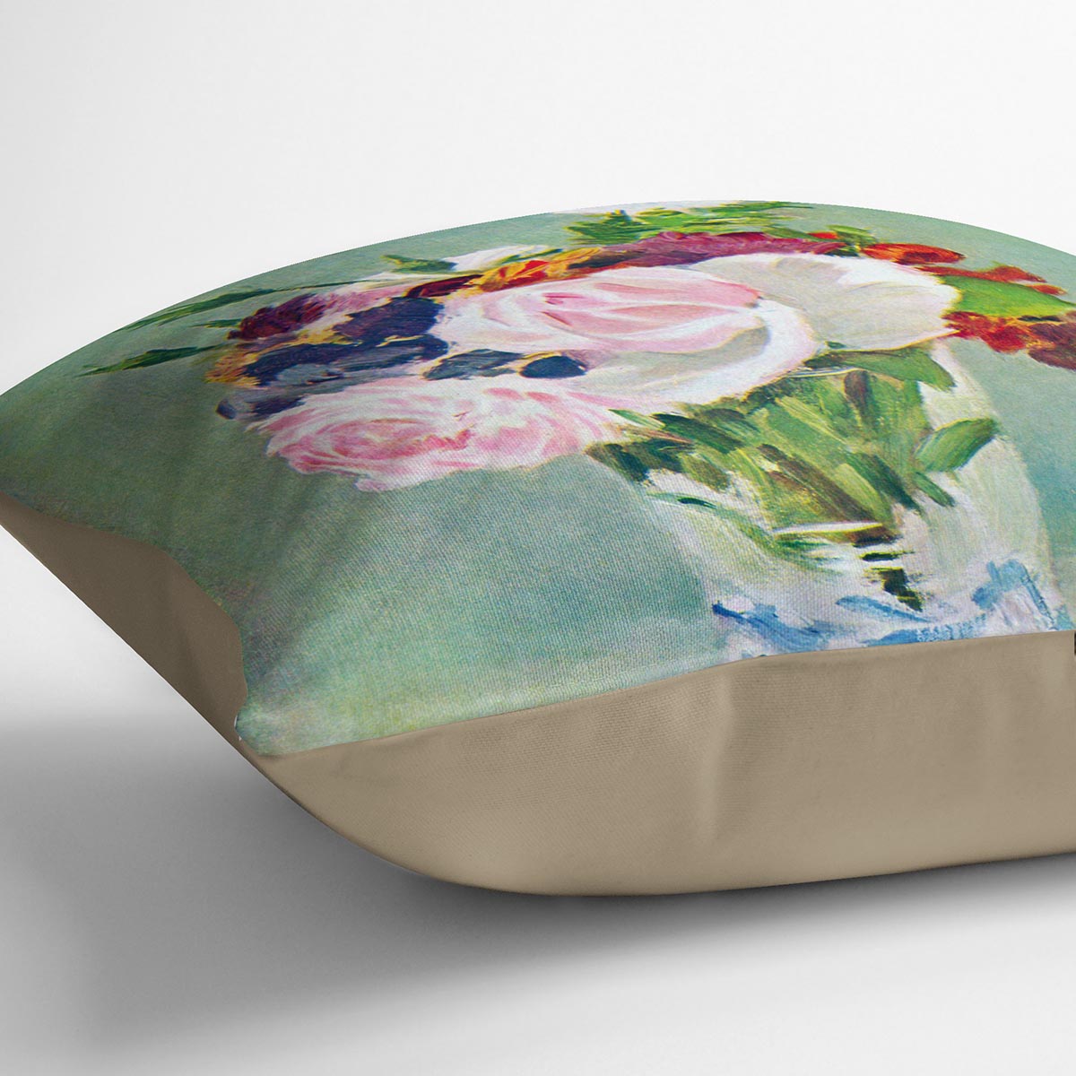 Still Life with Flowers 2 by Manet Cushion featuring vibrant floral design on luxurious vegan faux suede.