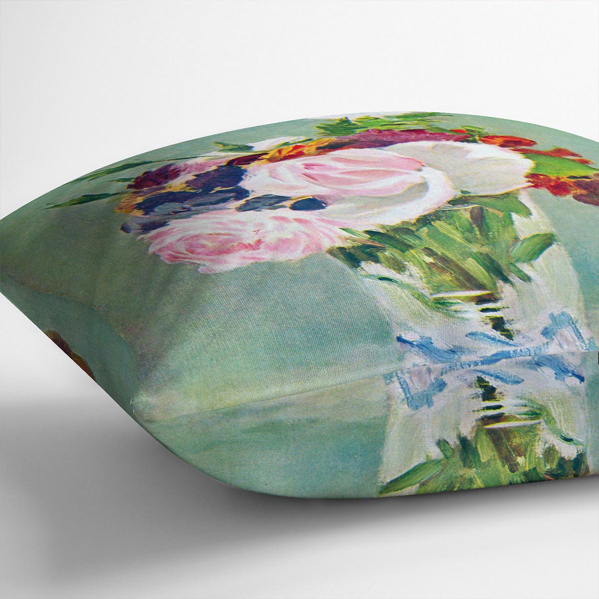 Still Life with Flowers 2 by Manet Cushion featuring vibrant floral design on luxurious vegan faux suede.