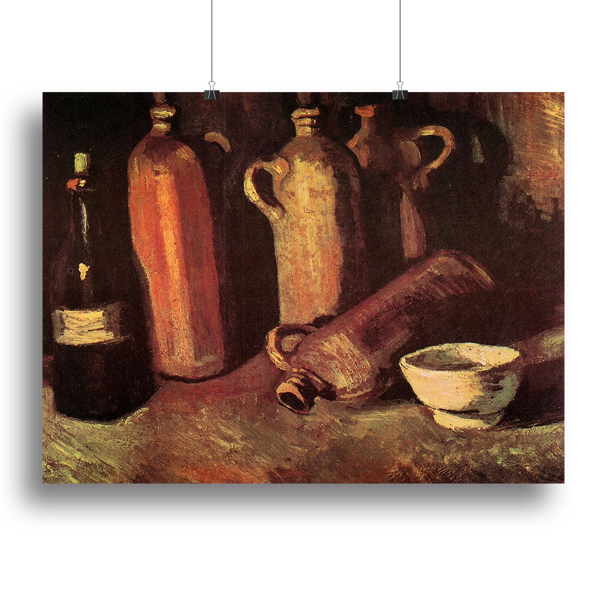Canvas print of Van Gogh's Still Life with Four Stone Bottles and White Cup, showcasing vibrant colors and intricate details.