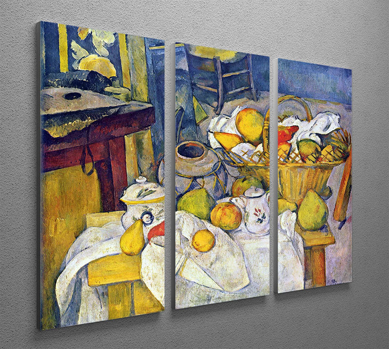 Three-panel canvas print of Cezanne's Still Life with Fruit Basket, showcasing vibrant fruits and elegant design.