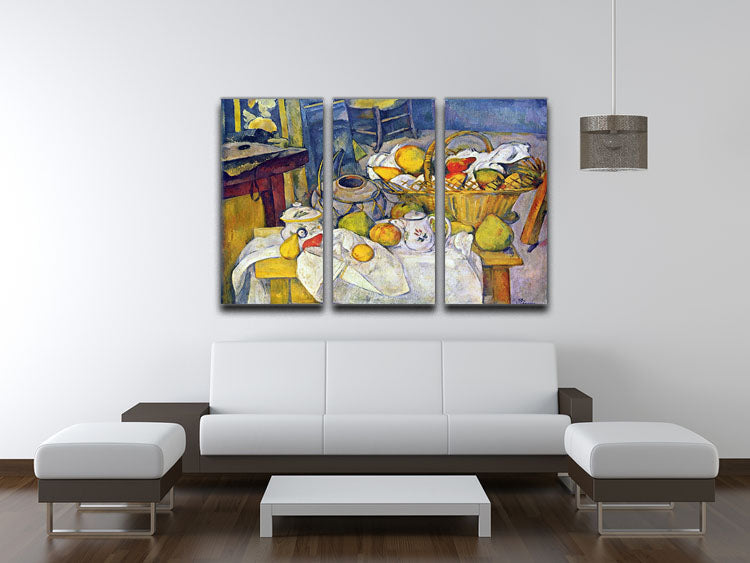 Three-panel canvas print of Cezanne's Still Life with Fruit Basket, showcasing vibrant fruits and elegant design.