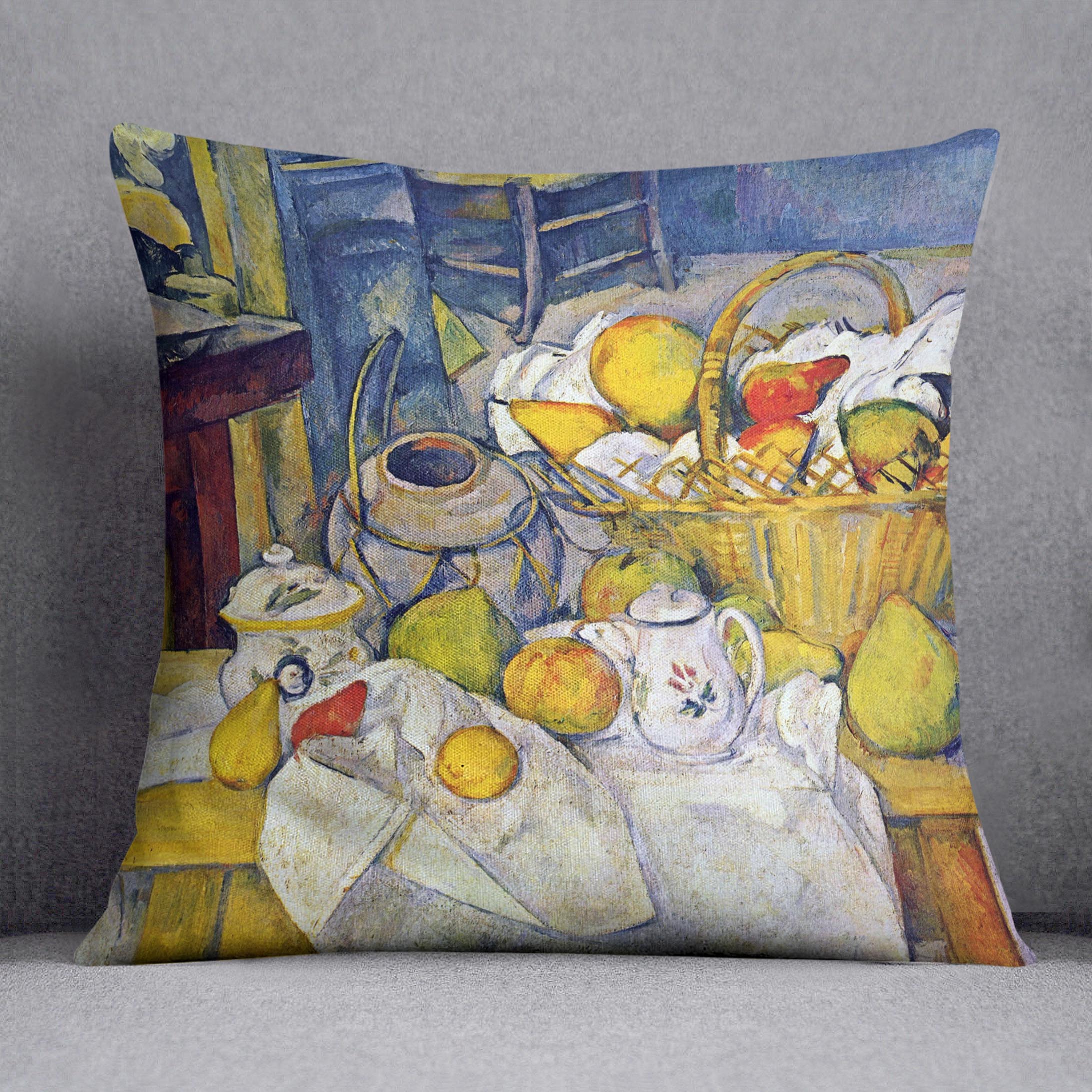 A vibrant cushion featuring Cezanne's Still Life with Fruit Basket design, made from luxurious vegan faux suede.