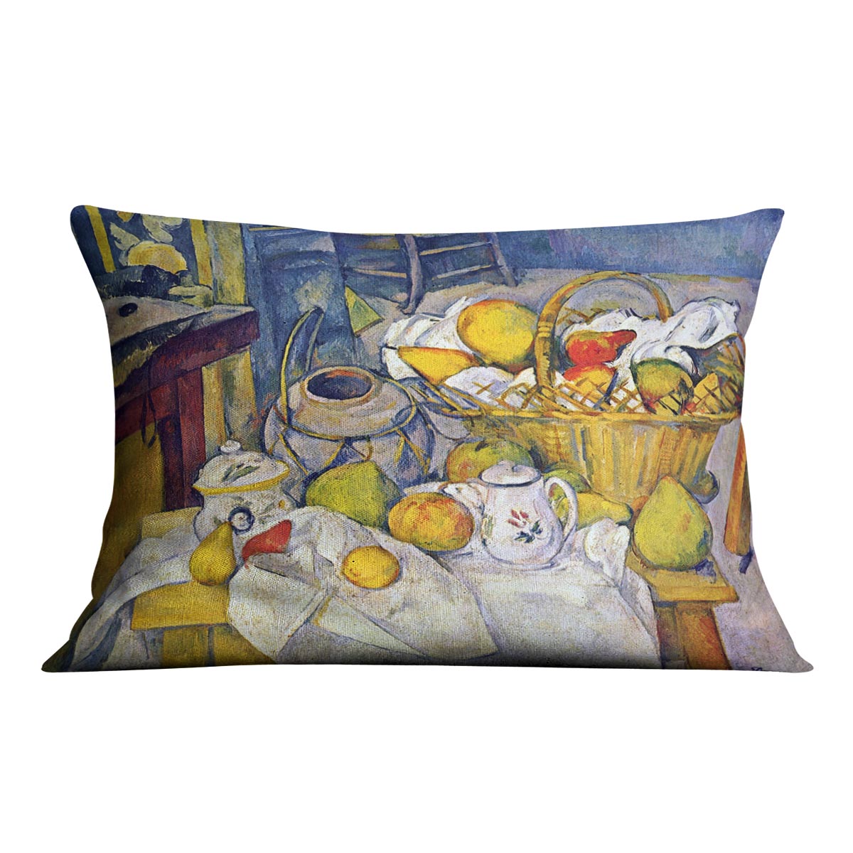 A vibrant cushion featuring Cezanne's Still Life with Fruit Basket design, made from luxurious vegan faux suede.