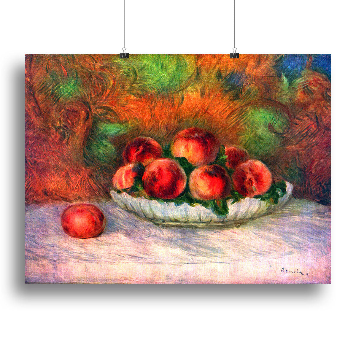 A vibrant canvas print of Renoir's Still Life with Fruits, showcasing a colorful arrangement of fruits in an artistic style.