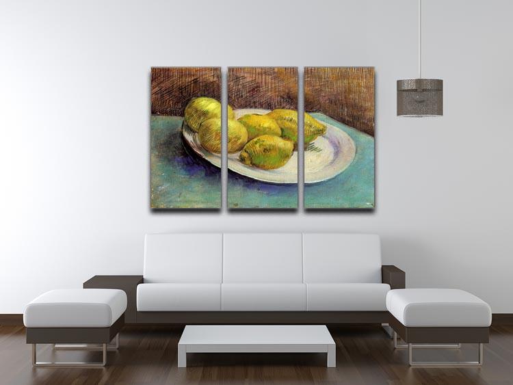 Three-panel canvas art featuring Van Gogh's Still Life with Lemons on a Plate, showcasing vibrant colors and intricate details.