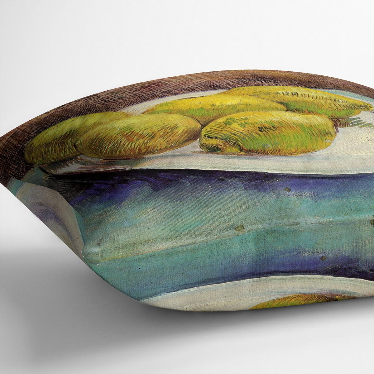 A vibrant cushion featuring Van Gogh's Still Life with Lemons on a Plate design, made from luxurious vegan faux suede.