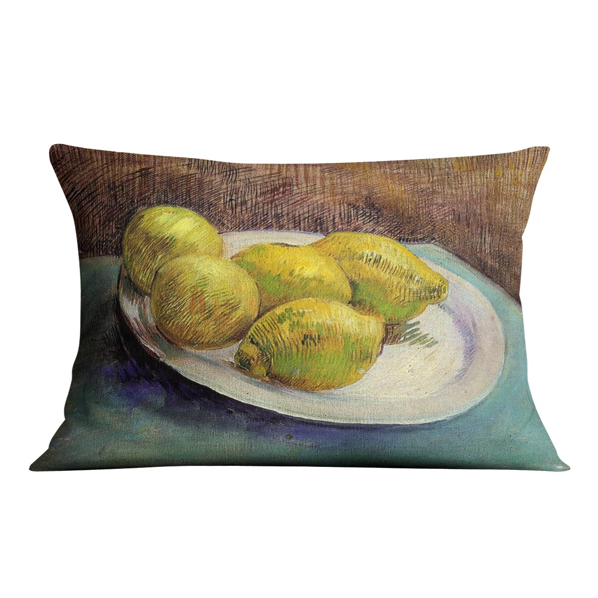 A vibrant cushion featuring Van Gogh's Still Life with Lemons on a Plate design, made from luxurious vegan faux suede.