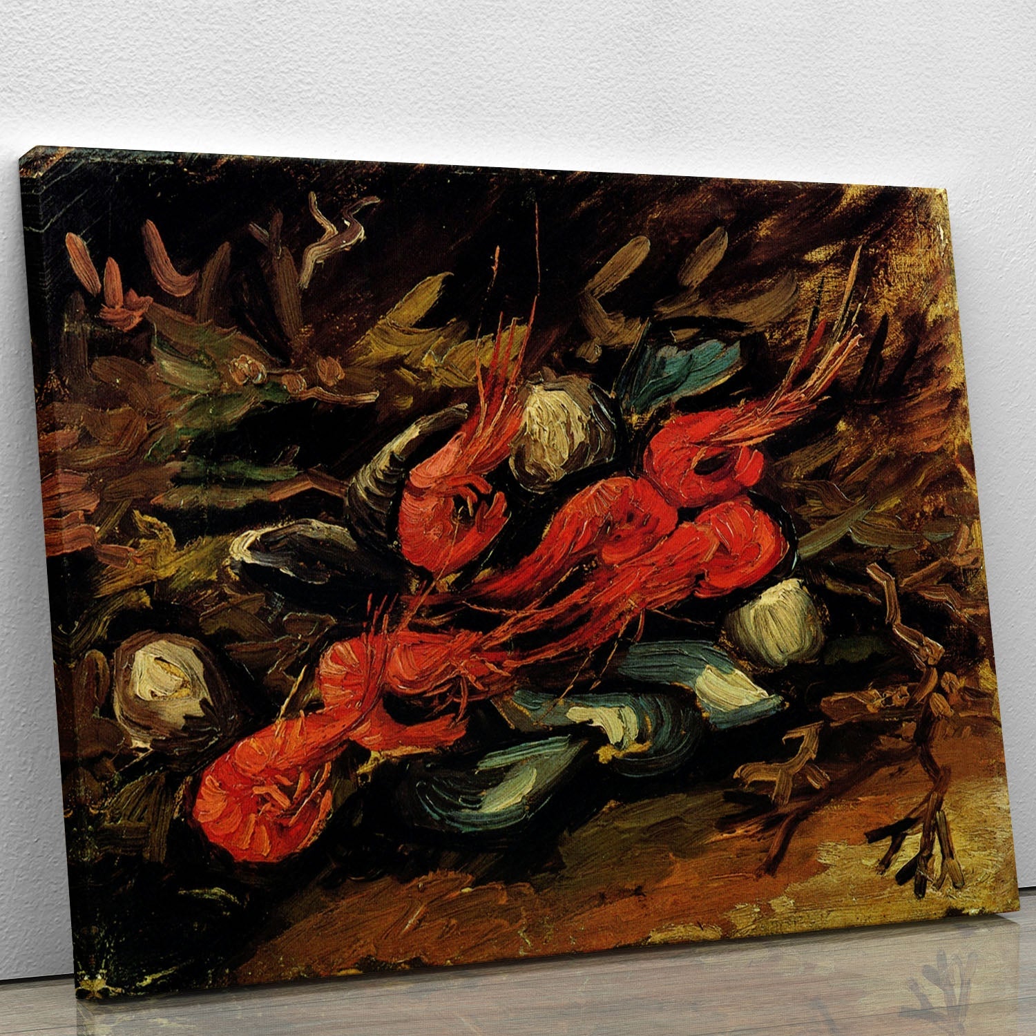 Canvas print of Van Gogh's Still Life with Mussels and Shrimps, showcasing vibrant colors and intricate details.