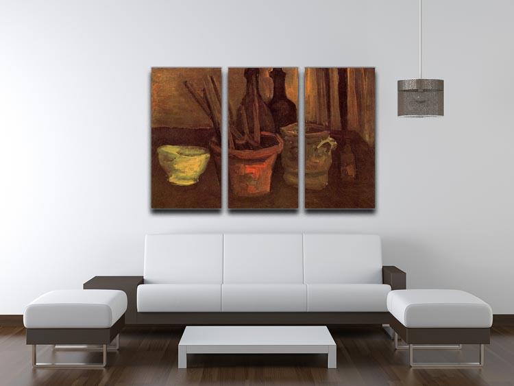 Three-panel canvas art featuring Van Gogh's Still Life with Paintbrushes in a Pot, showcasing vibrant colors and intricate details.