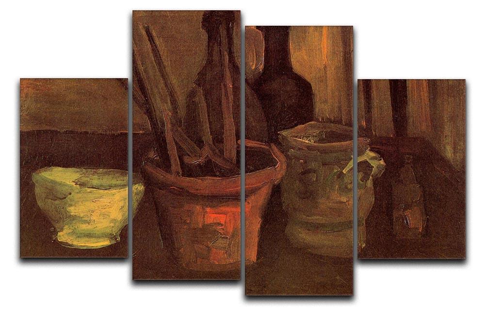 A 4-split canvas artwork featuring Van Gogh's Still Life with Paintbrushes in a Pot, showcasing vibrant colors and dynamic composition.