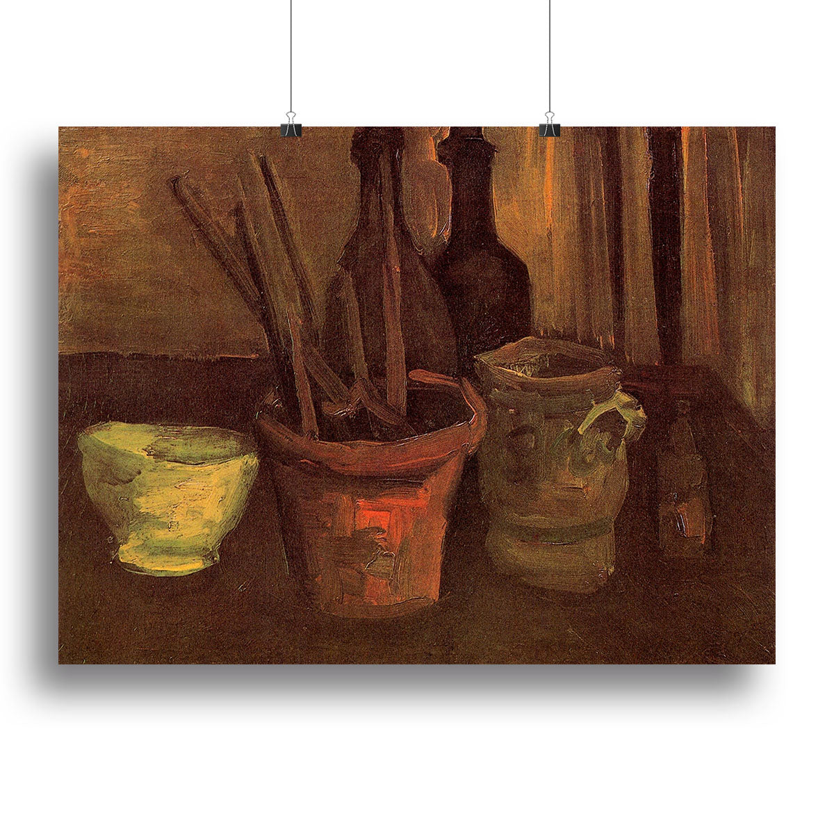 Canvas print of Van Gogh's Still Life with Paintbrushes in a Pot, showcasing vibrant colors and intricate details.