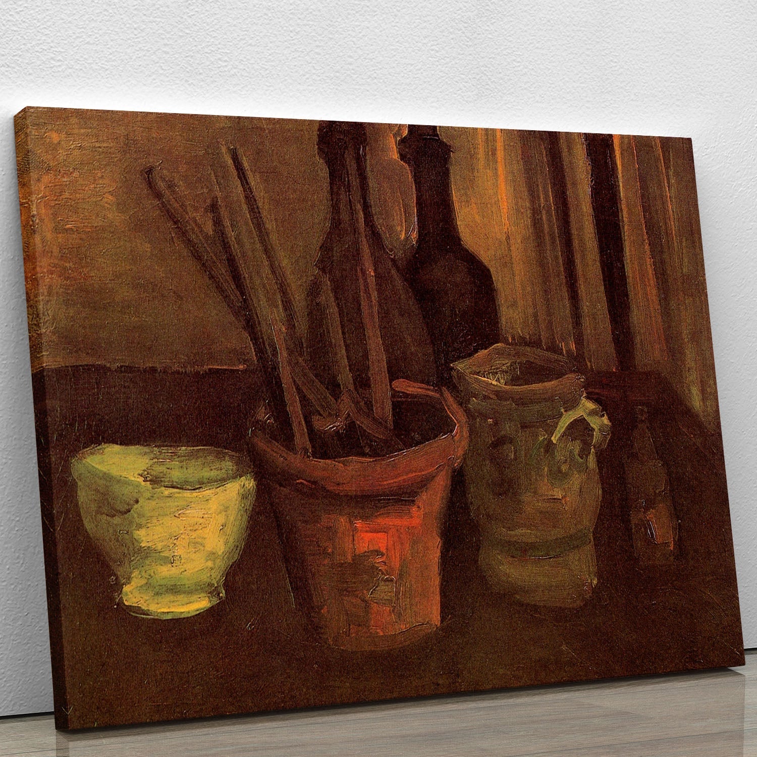 Canvas print of Van Gogh's Still Life with Paintbrushes in a Pot, showcasing vibrant colors and intricate details.