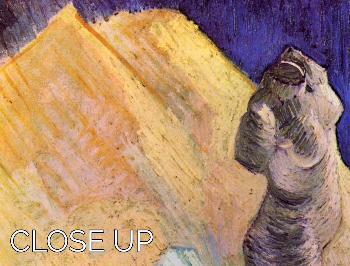 A beautiful 3-panel canvas art featuring a plaster statuette, a rose, and two novels inspired by Van Gogh's still life.