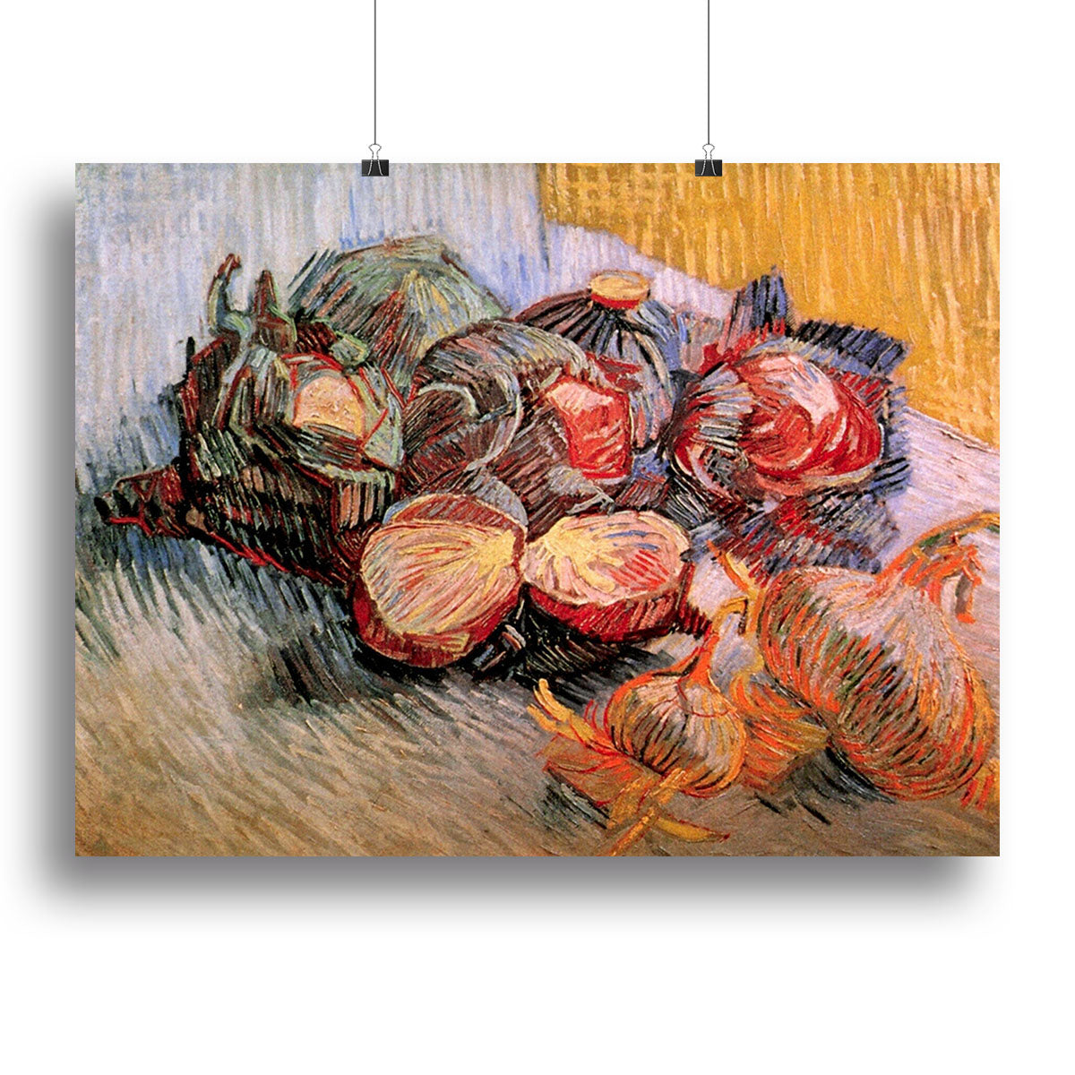 Canvas print of Van Gogh's Still Life featuring vibrant red cabbages and onions, showcasing intricate details and rich colors.