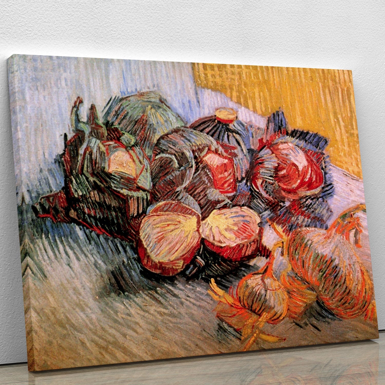 Canvas print of Van Gogh's Still Life featuring vibrant red cabbages and onions, showcasing intricate details and rich colors.