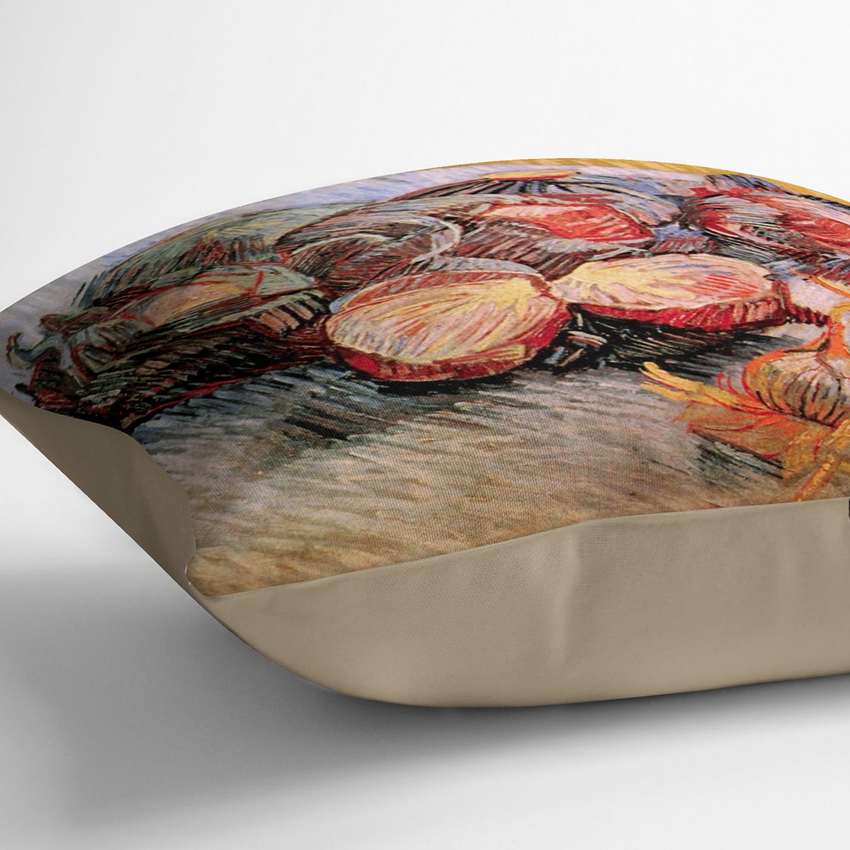 A vibrant cushion featuring Van Gogh's Still Life with Red Cabbages and Onions, made from luxurious vegan faux suede.