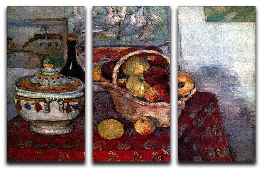 Three-panel canvas print of Cezanne's Still Life with Soup Tureen, showcasing vibrant colors and intricate details.