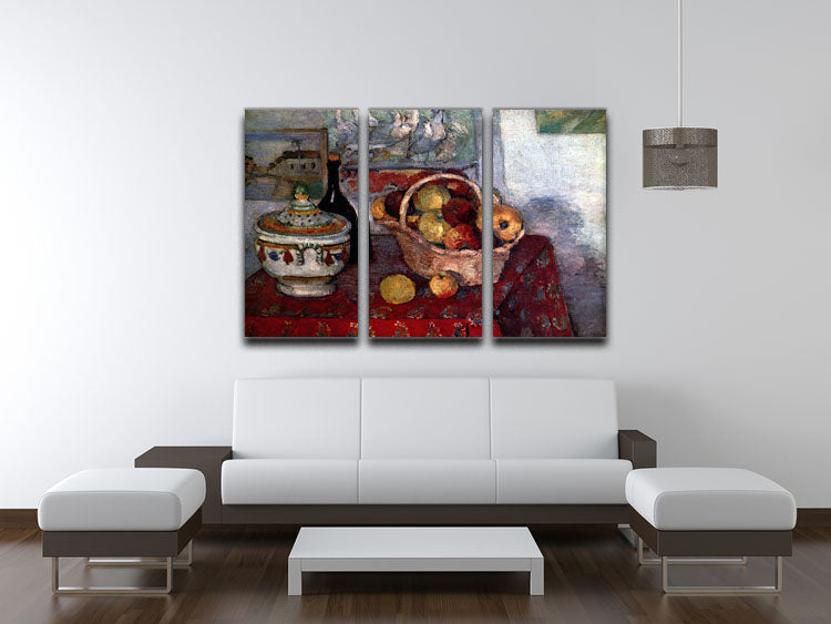 Three-panel canvas print of Cezanne's Still Life with Soup Tureen, showcasing vibrant colors and intricate details.