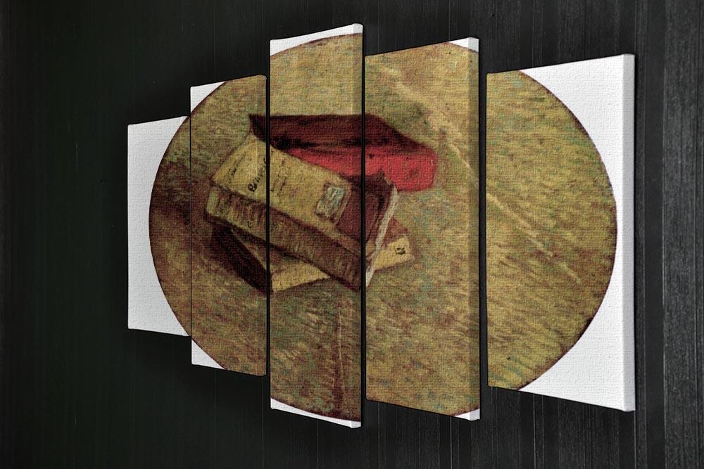 5 split panel canvas artwork featuring Van Gogh's Still Life with Three Books, showcasing vibrant colors and intricate details.