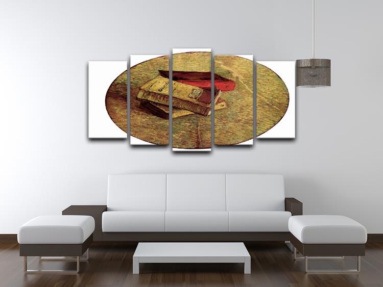 5 split panel canvas artwork featuring Van Gogh's Still Life with Three Books, showcasing vibrant colors and intricate details.