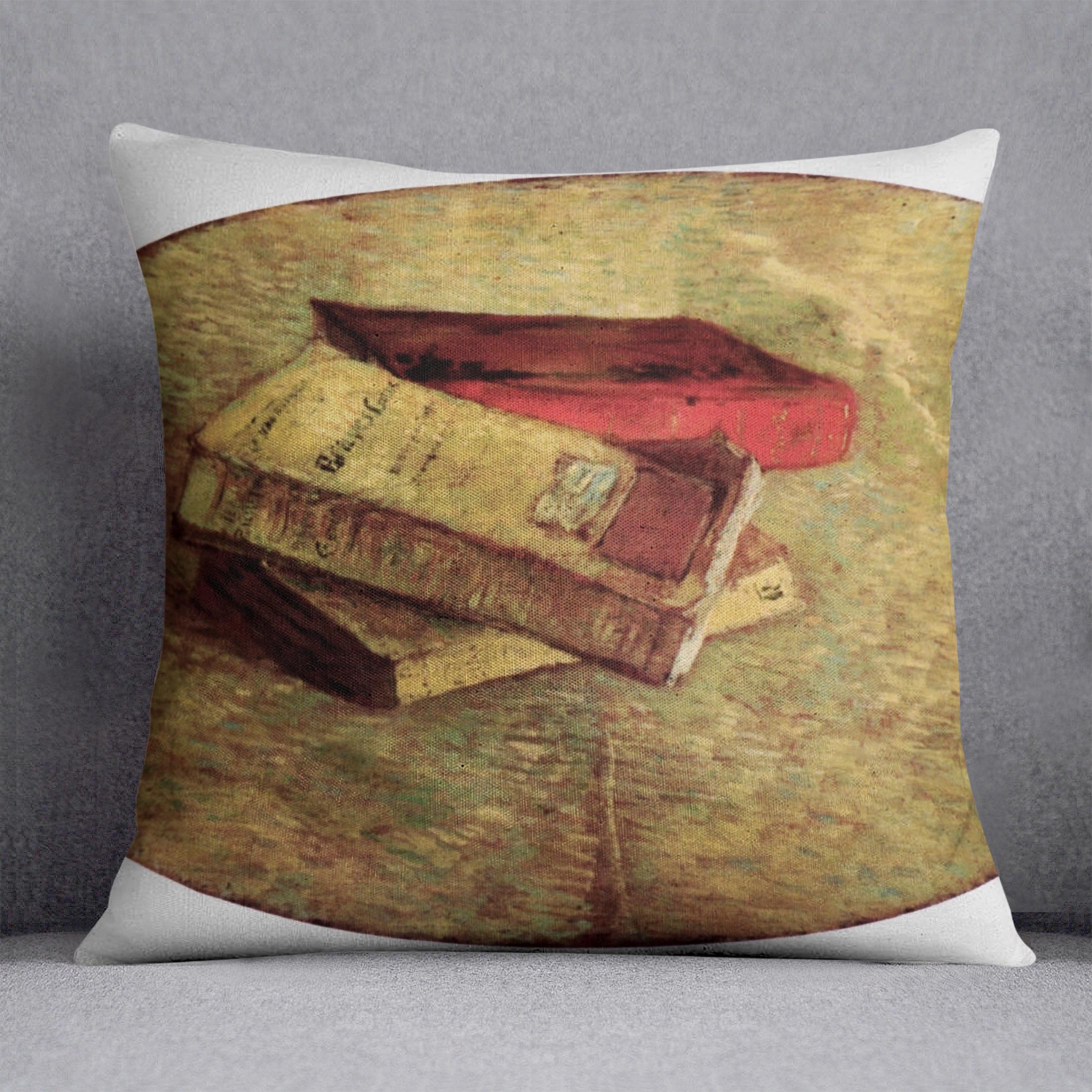 A vibrant cushion featuring Van Gogh's Still Life with Three Books design, made from luxurious vegan faux suede.