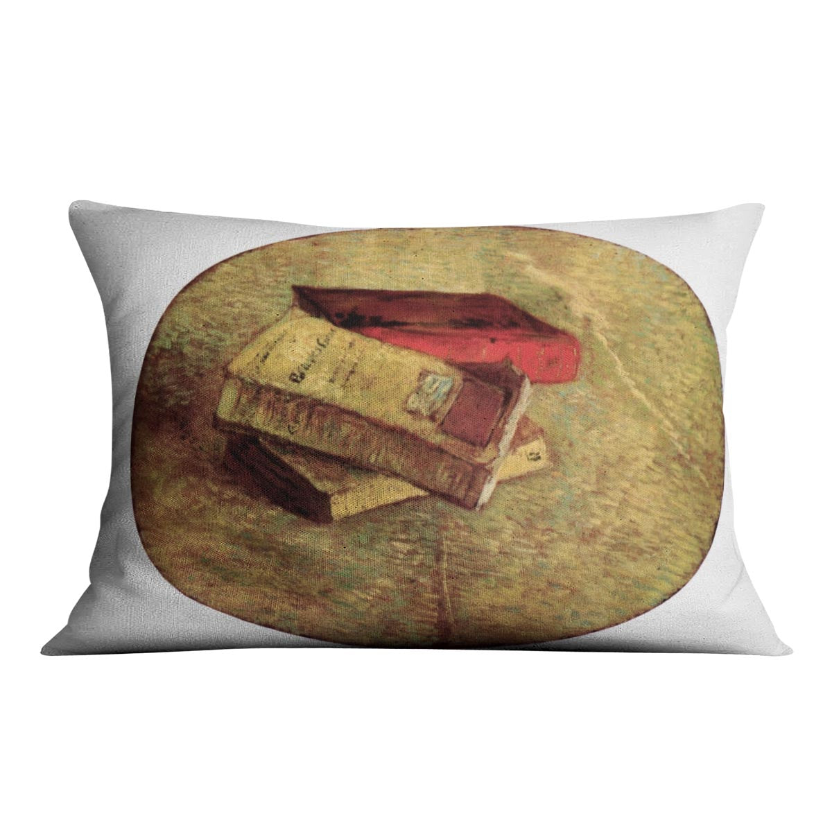 A vibrant cushion featuring Van Gogh's Still Life with Three Books design, made from luxurious vegan faux suede.
