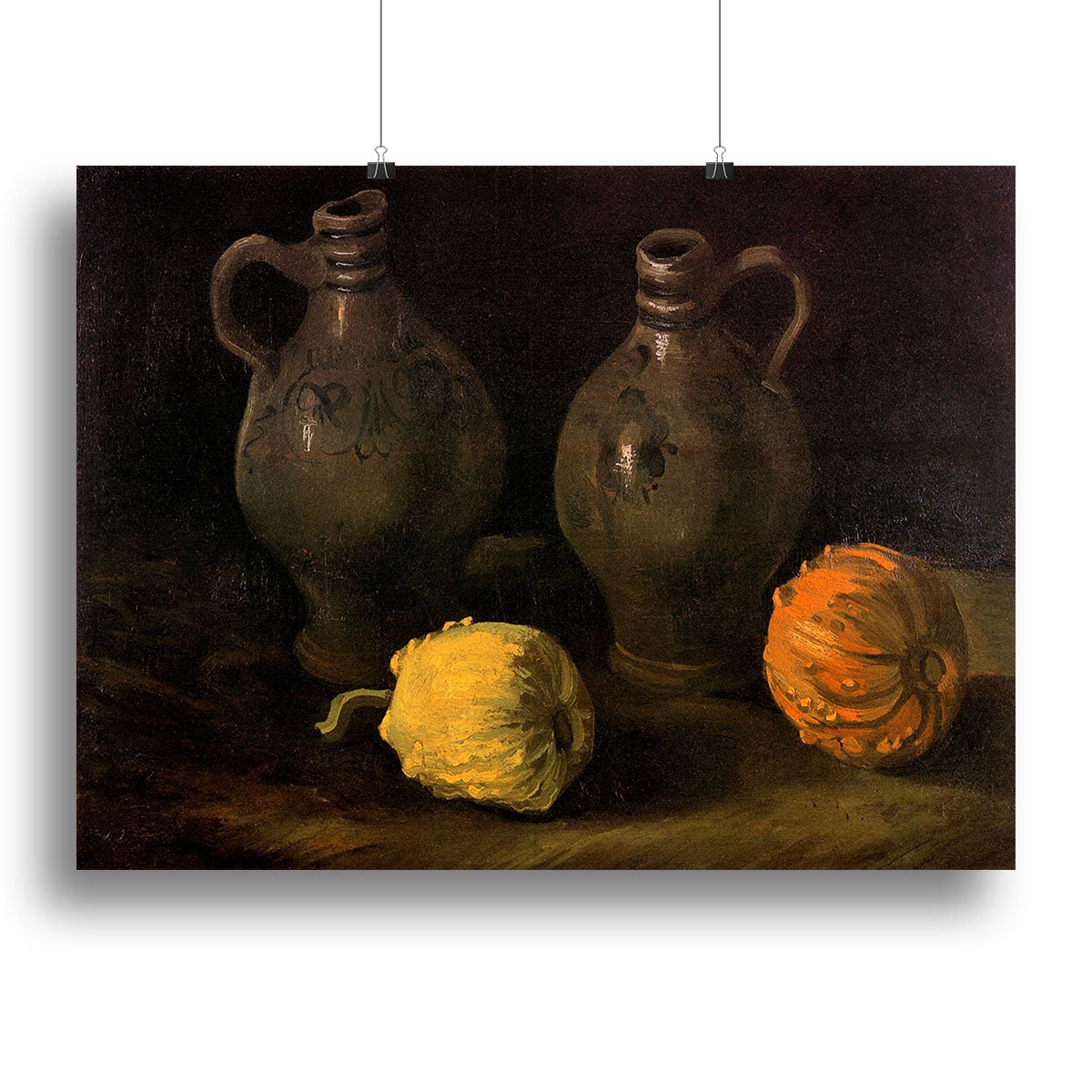 Canvas print of Van Gogh's Still Life featuring two jars and two pumpkins, showcasing vibrant colors and intricate details.