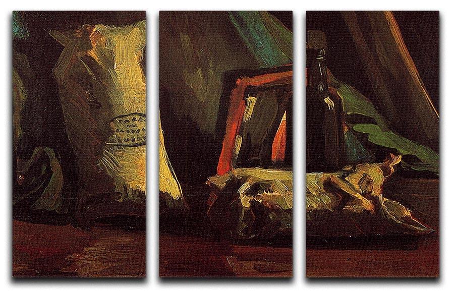 Three-panel canvas art featuring Van Gogh's Still Life with Two Sacks and a Bottle, showcasing vibrant colors and intricate details.