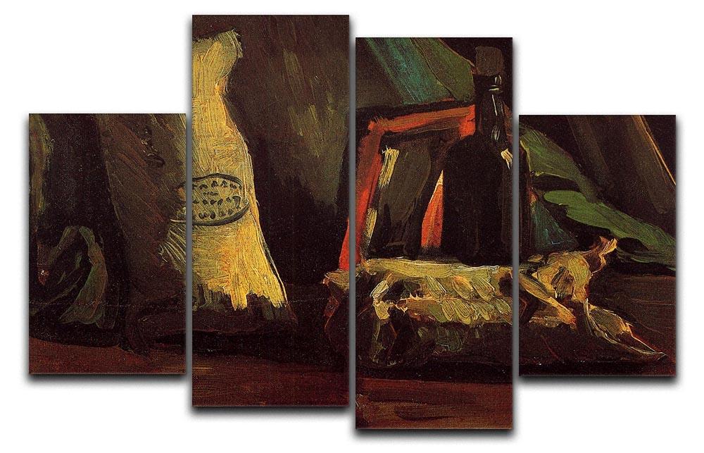 4-split canvas artwork of Van Gogh's Still Life with Two Sacks and a Bottle, showcasing vibrant colors and dynamic composition.