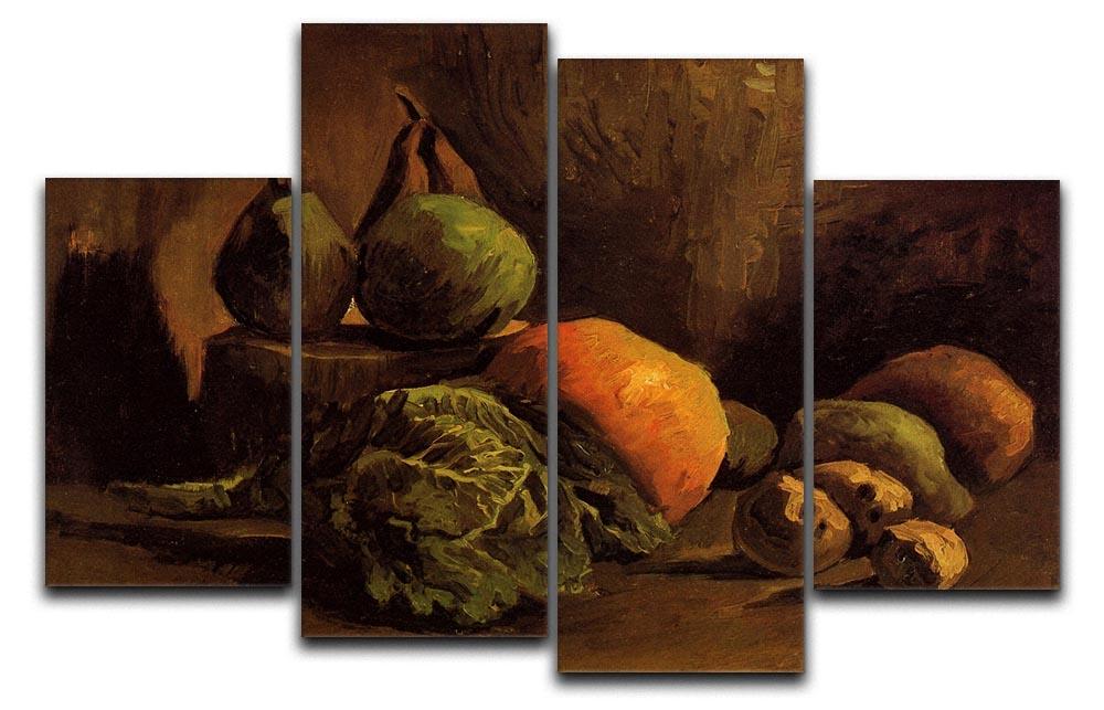 A 4 split panel canvas featuring Van Gogh's Still Life with Vegetables and Fruit, showcasing vibrant colors and intricate details.