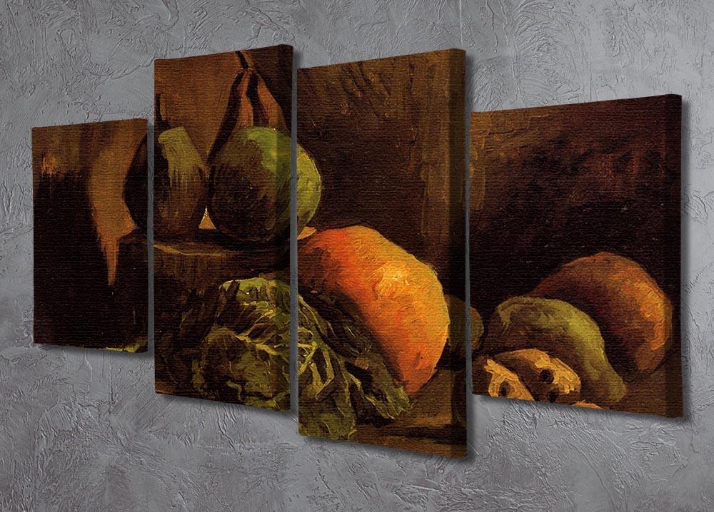 A 4 split panel canvas featuring Van Gogh's Still Life with Vegetables and Fruit, showcasing vibrant colors and intricate details.