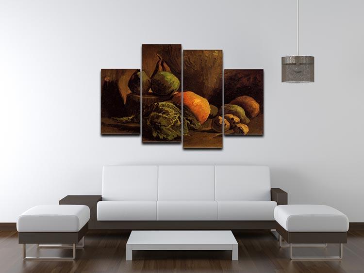 A 4 split panel canvas featuring Van Gogh's Still Life with Vegetables and Fruit, showcasing vibrant colors and intricate details.