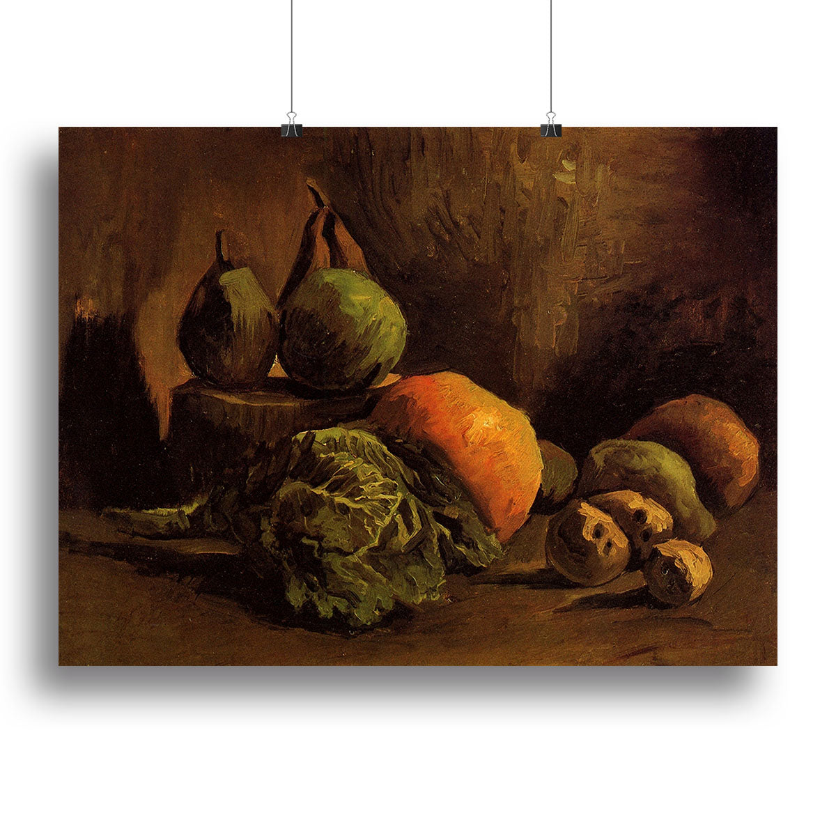 Canvas print of Van Gogh's Still Life with Vegetables and Fruit, showcasing vibrant colors and intricate details of fruits and vegetables.