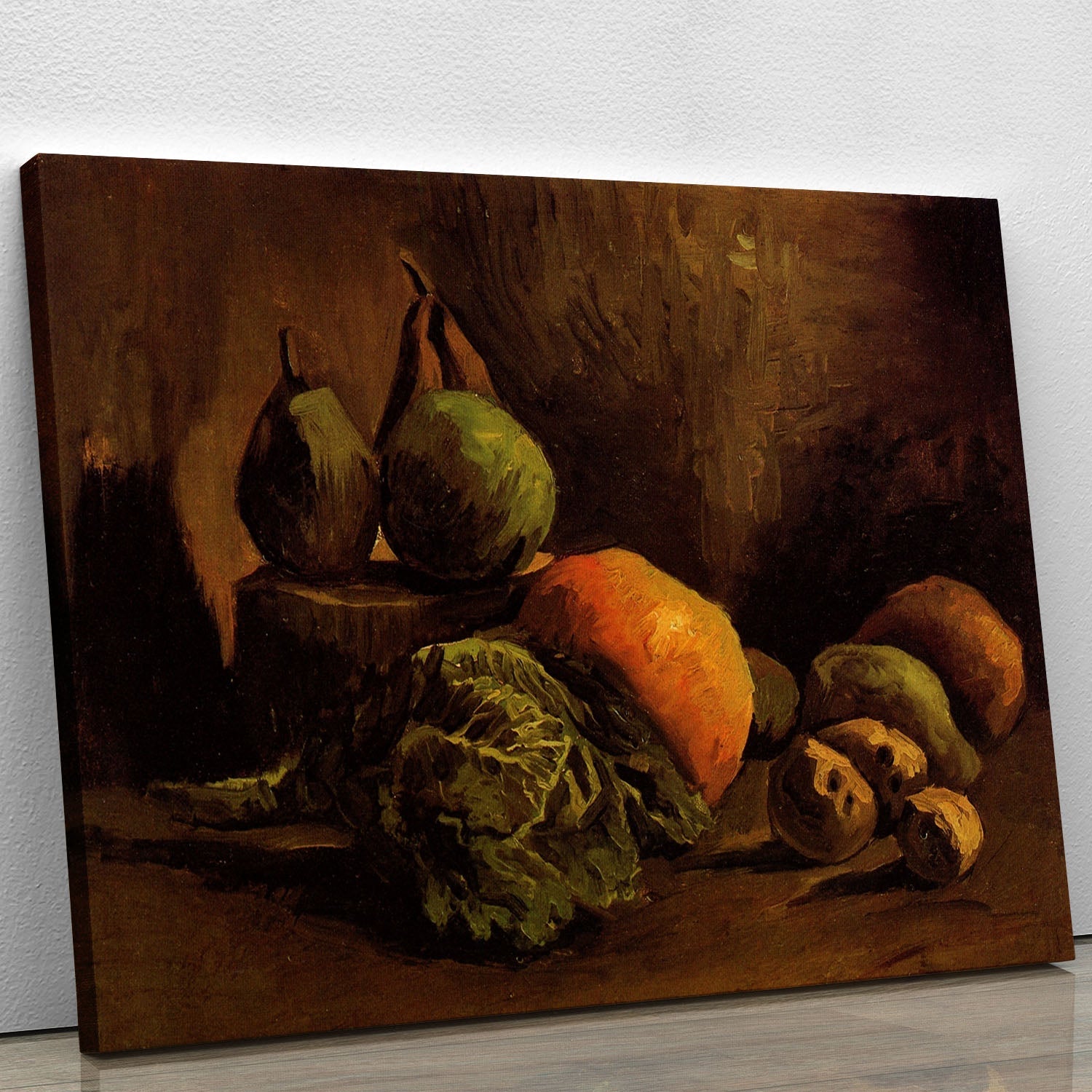 Canvas print of Van Gogh's Still Life with Vegetables and Fruit, showcasing vibrant colors and intricate details of fruits and vegetables.