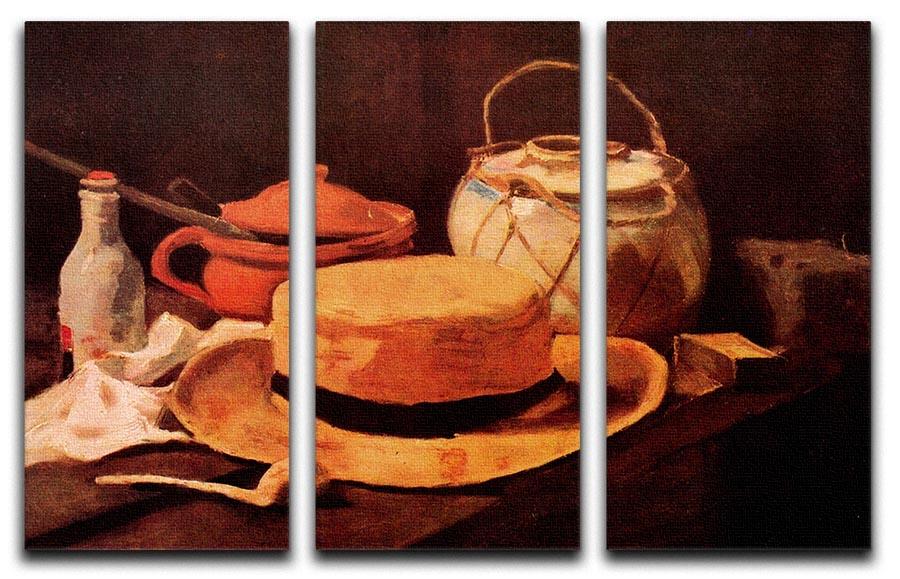 Three-panel canvas art featuring Van Gogh's Still Life with Yellow Straw Hat, showcasing vibrant colors and intricate details.