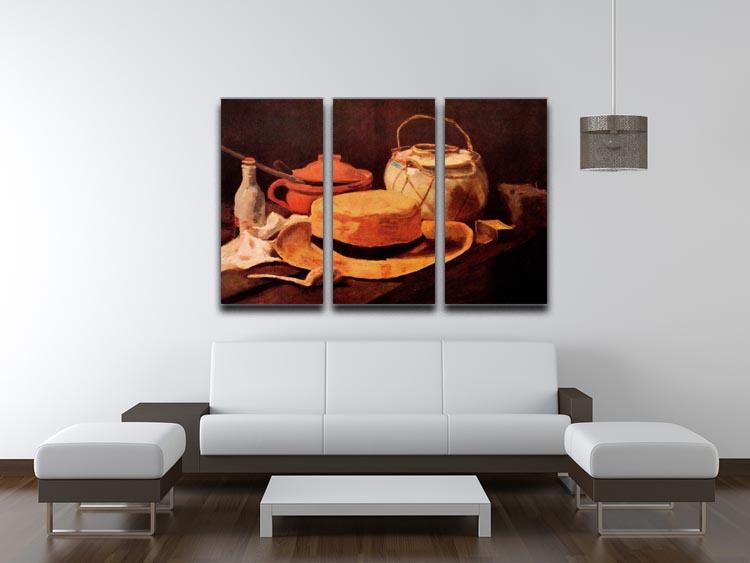 Three-panel canvas art featuring Van Gogh's Still Life with Yellow Straw Hat, showcasing vibrant colors and intricate details.