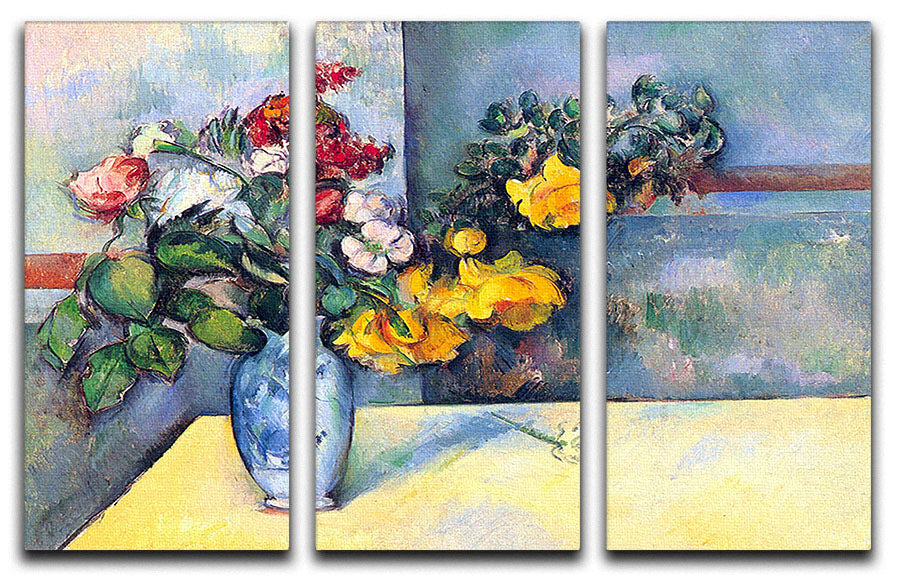 Three-panel canvas print featuring Cezanne's Still Lifes Flowers in a Vase, showcasing vibrant colors and intricate floral details.