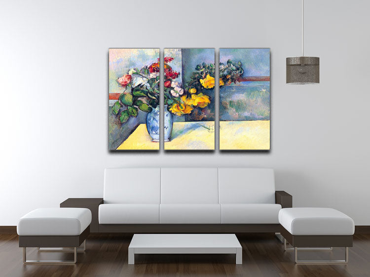 Three-panel canvas print featuring Cezanne's Still Lifes Flowers in a Vase, showcasing vibrant colors and intricate floral details.