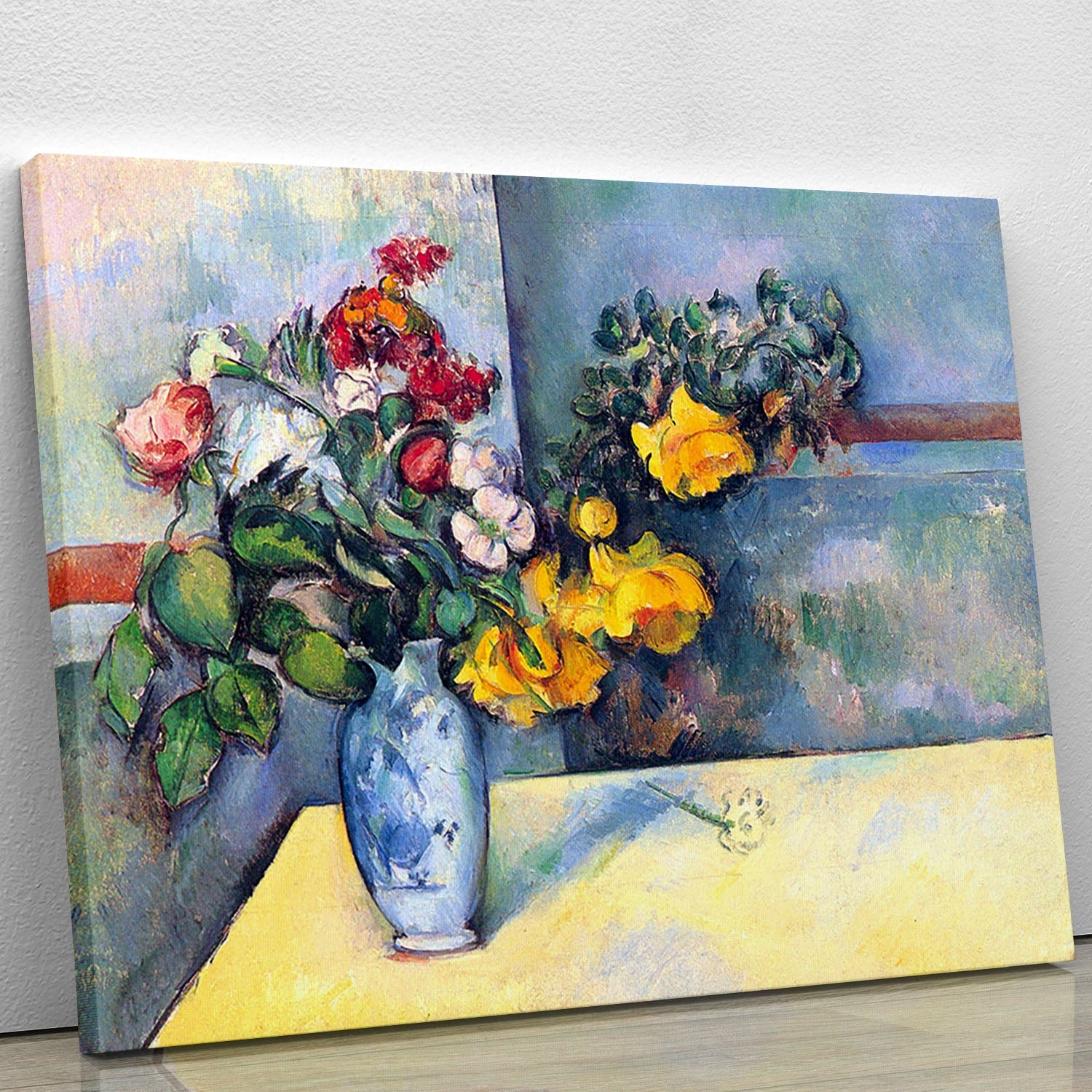Canvas print of Cezanne's Still Lifes Flowers in a Vase, showcasing vibrant colors and floral beauty.
