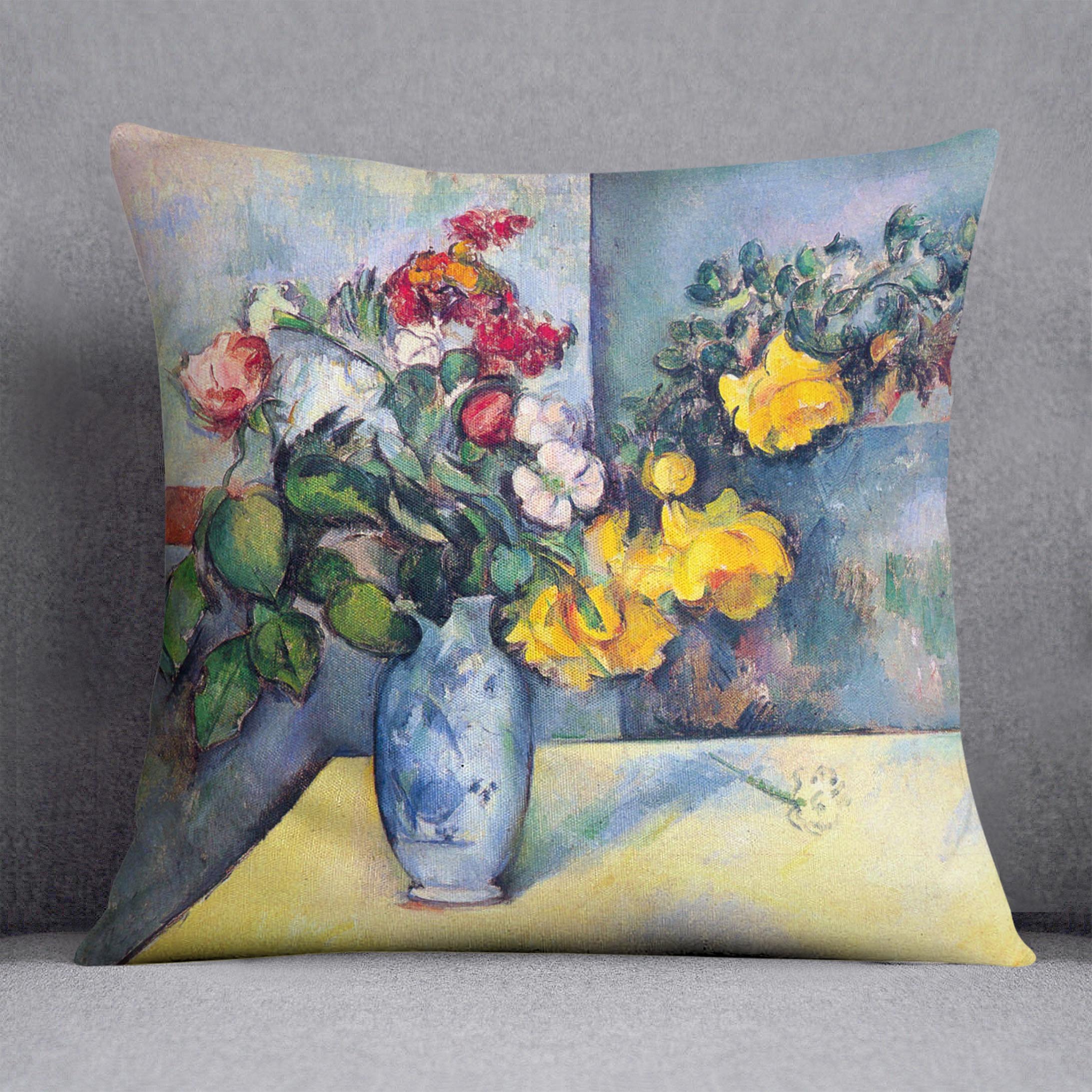 Cushion featuring Cezanne's still life flowers in a vase design, made from luxurious vegan faux suede.