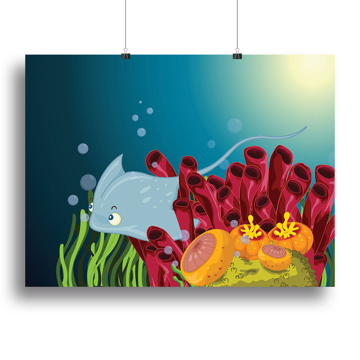 A beautiful canvas print or poster featuring a sting ray hiding among vibrant water plants, showcasing the serene beauty of marine life.