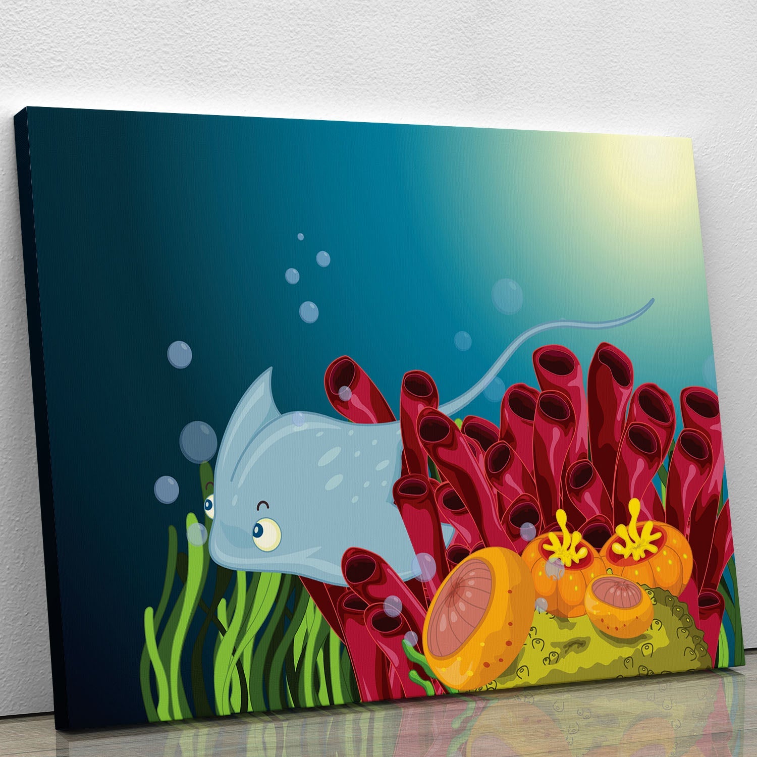A beautiful canvas print or poster featuring a sting ray hiding among vibrant water plants, showcasing the serene beauty of marine life.